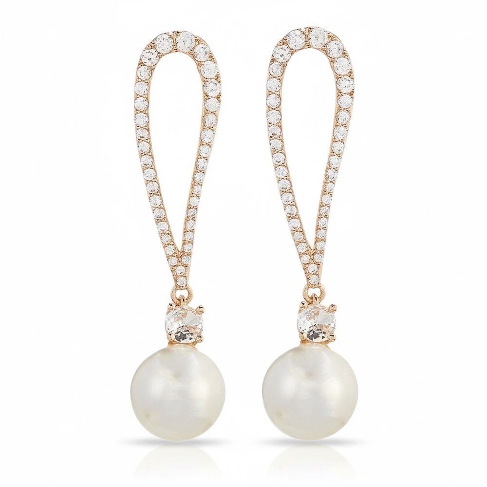 x Borrowed & Blue Teardrop Crystal CZ Pave Metal Pearl Drop Earrings